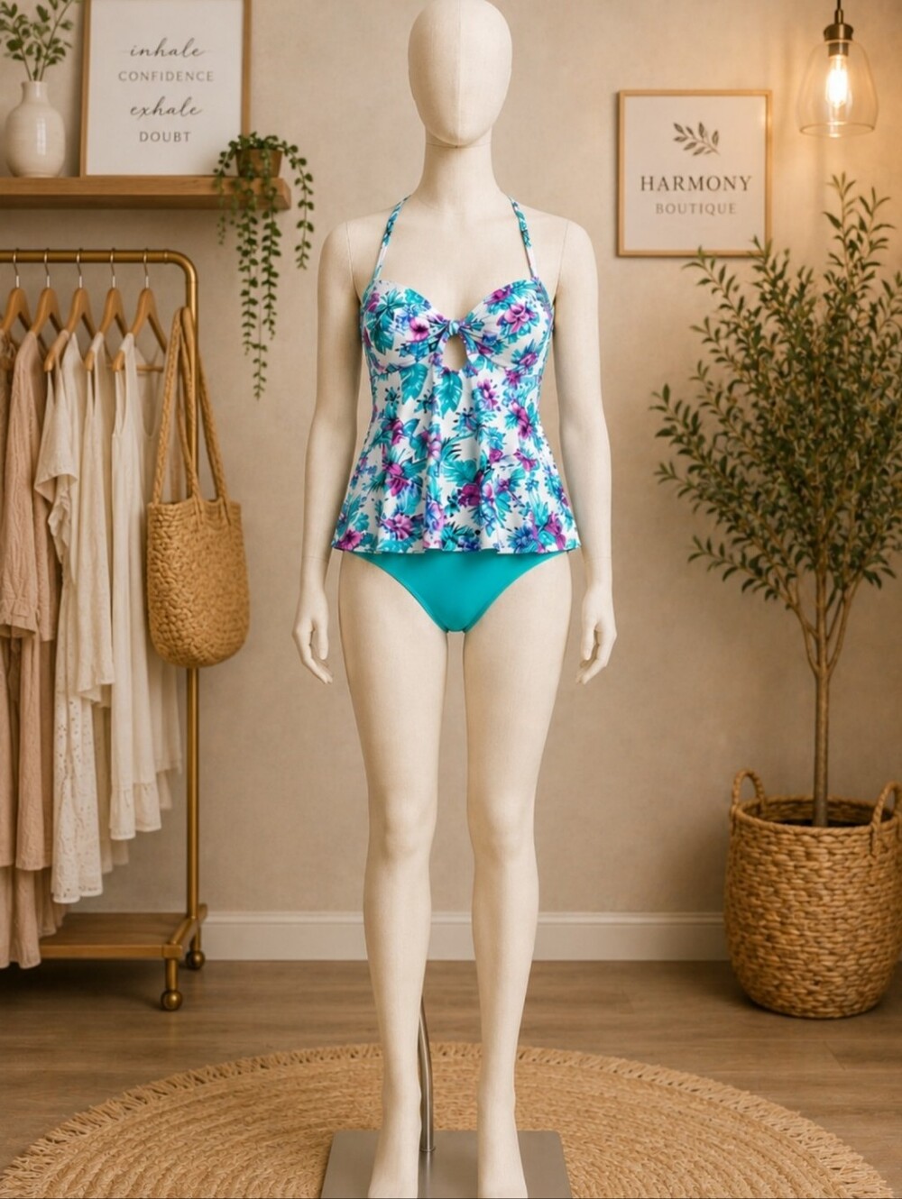 Floral Halter Tankini One-Piece in White and Teal